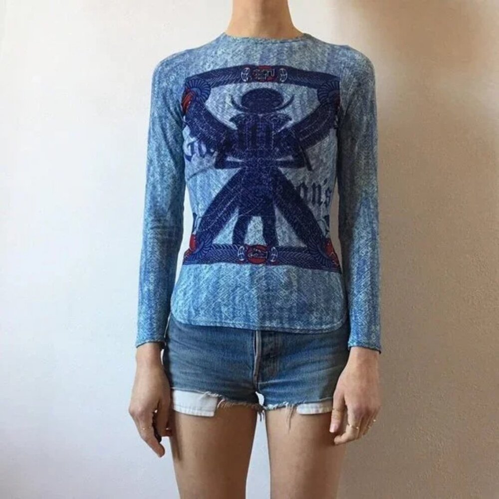New vintage Gaultier Egyptian scarab mesh semi-sheer Y2K 90's microprint blouse